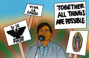 Illustration of a man speaking at a rally with signs showing support and unity, including messages of empowerment and cultural symbols.