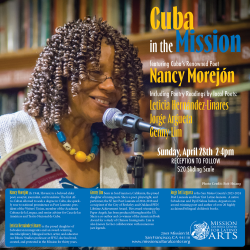 A woman with curly hair reads poetry at a microphone, surrounded by a poster with details about a cuban poetry event featuring multiple poets.