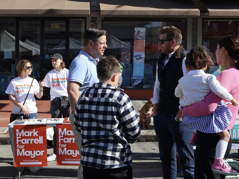 A man interacting with a group of people, including children, at an outdoor campaign booth for "mark farrell for mayor.
