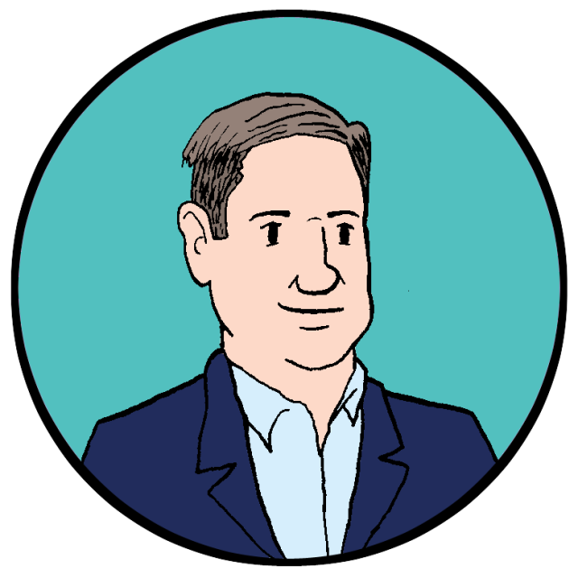 Illustration of a man with brown hair wearing a blue jacket and light blue shirt