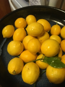 A pile of fresh lemons with a green leaf on a blue plate.