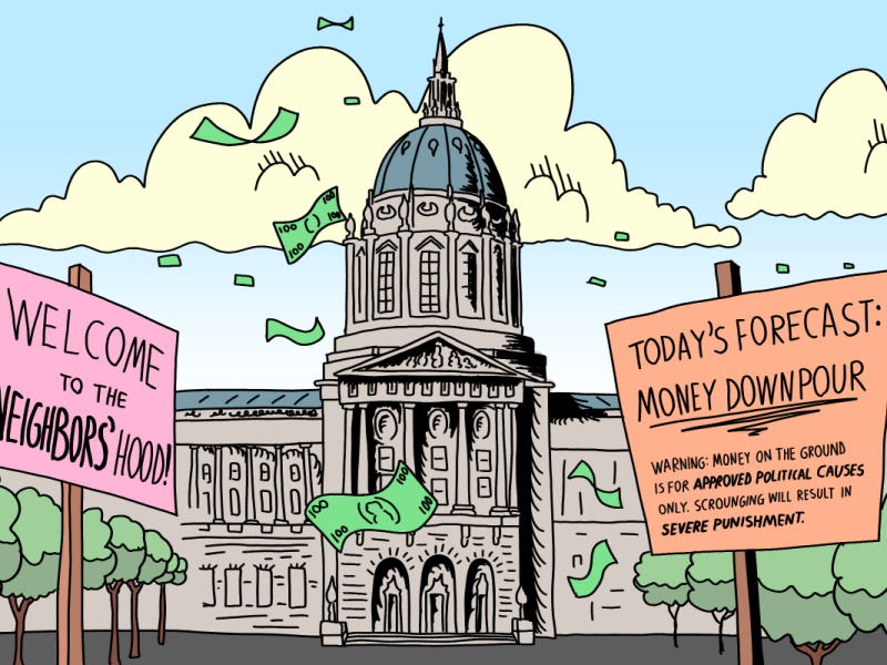 Illustration of San Francisco City Hall, surrounded by trees and two signs reading "Welcome to the Neighbors' hood" and "Today's forecast: Money downpour," with money bills flying in the air under a cloudy sky.