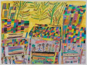 Colorful abstract watercolor painting of a vibrant market scene with figures and geometric patterns.