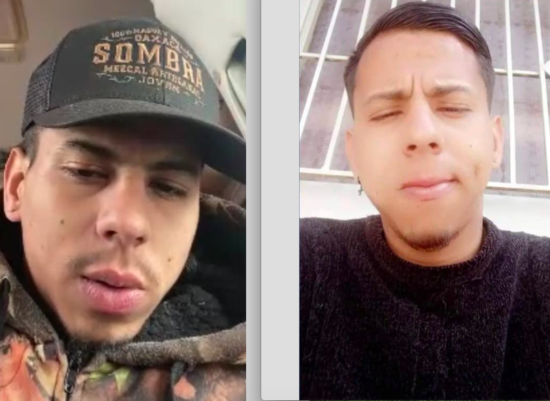 Two side-by-side selfies of the same person with different expressions and hairstyles, one taken indoors and one outdoors.