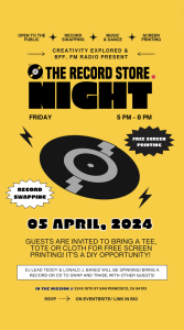 Promotional poster for "the record store night" event with music, screen printing, and a dj set on april 5, 2024.