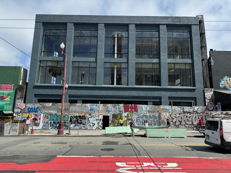 The Cine Latino building at 2551 Mission St. with construction in the foreground