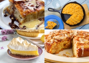 Assortment of desserts including bread pudding, skillet cornbread, lemon meringue pie, and almond cake.