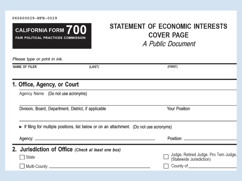 Blank statement of economic interests form (form 700) provided by the fair political practices commission.
