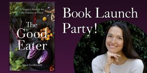 Author posing with her new book titled "the good eater" at a book launch party event.