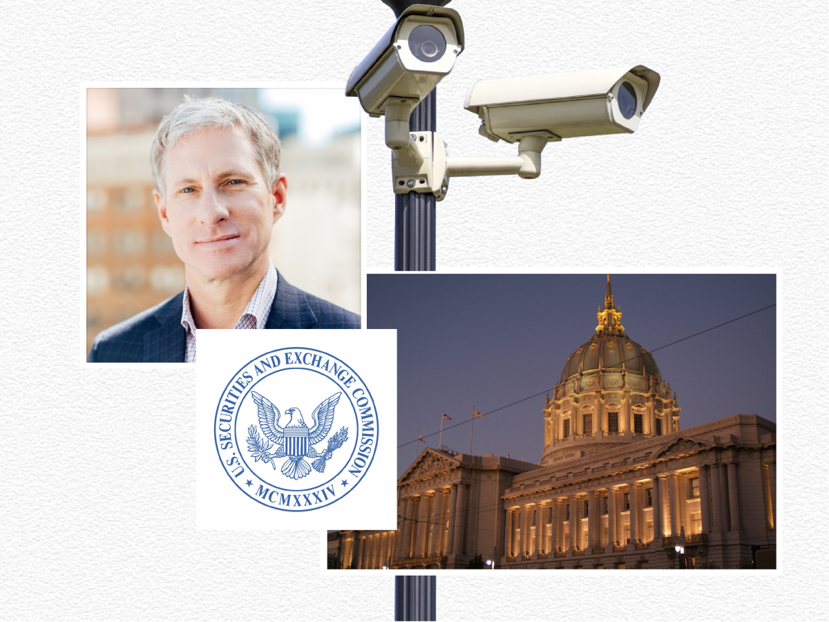 A collage of three images: a man smiling, a security camera on a pole, and a lit government building at dusk, with a securities and exchange commission seal overlay.