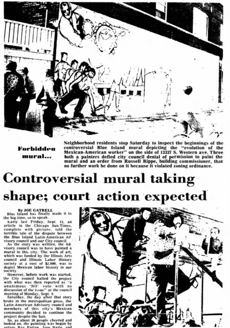 Newspaper page detailing a community examining a controversial mural, with headlines about impending court action and separate news on car thefts.