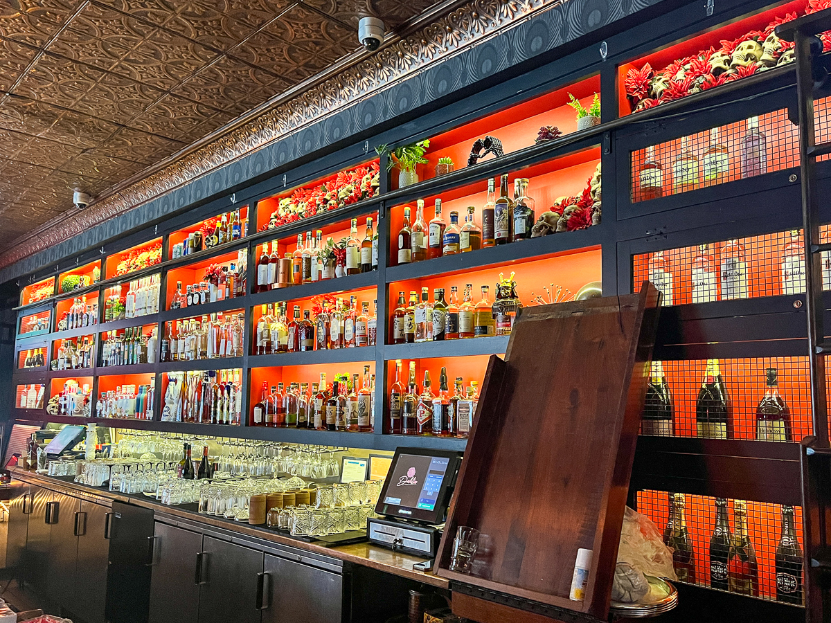 A vibrant bar with a backlit wall displaying an array of liquor bottles, accented by floral decor, under a decorative metal ceiling.