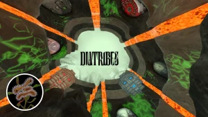 A video game scene depicting a circular arena surrounded by lava streams with various colored orbs and the word "diatribes" at the center.