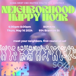 Colorful flyer for soma west neighborhood happy hour event on may 16, 2024, featuring dancing people silhouettes and location details.