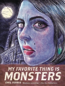 Cover of "My Favorite Thing is Monsters" by Emil Ferris, depicting a close-up illustration of a woman's face in blue hues, with a moonlit background.
