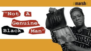 A man holding a book with a cover reading "dna" next to text "not a genuine black man" on a yellow and orange background.