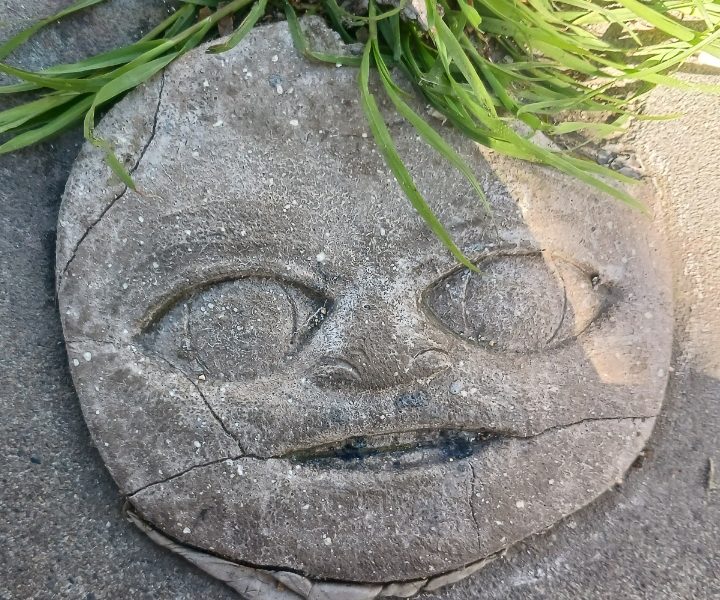 A weathered circular stone carving of a face is embedded in the ground with grass growing above it.