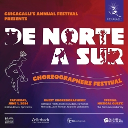 Event poster for Cuicacalli's Annual Festival, titled "De Norte A Sur Choreographers Festival" on June 1, 2024. Features guest choreographers and a performance by The Peña-Govea Family.