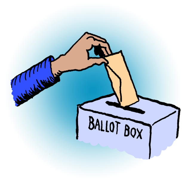 Hand placing a voting ballot into an election dashboard ballot box.