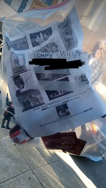 A redacted image of the racist package that dog walker Terry Williams received on May 5, 2024.