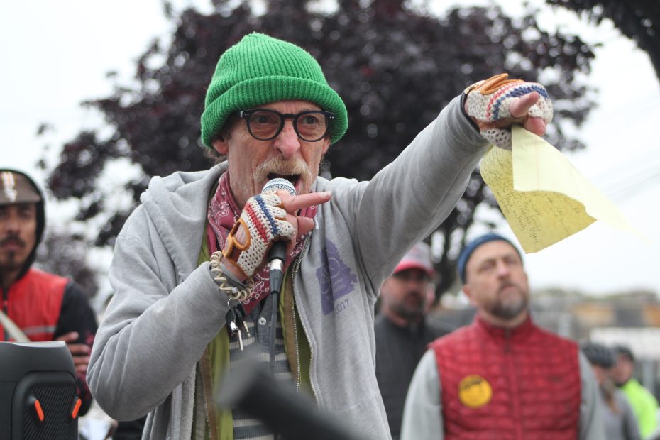 Jeff Jones points to the exact spot where a cyclist was hit and killed at the intersection of Folsom and 14th streets on Wednesday May 15, 2024. Photo by Oscar Palma.
