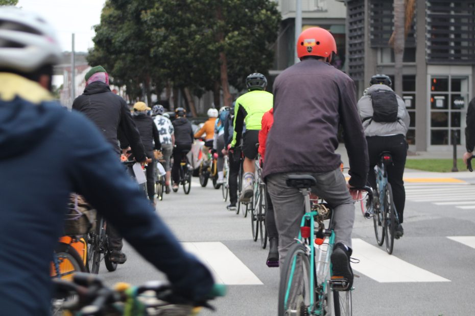 Attendees of the Ride of Silence riding east toward the second stop in Mission Bay.