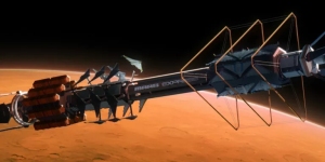 A futuristic spacecraft with a cylindrical design and multiple modules floats in space, with a planet resembling Mars in the background.