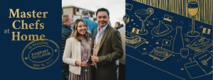 Promotional banner for "master chefs at home" event featuring a smiling couple holding drinks and a graphic of kitchen utensils on a dark blue background.