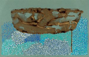 Abstract artwork featuring a textured brown shape resembling land above a dotted blue and white pattern symbolizing water.