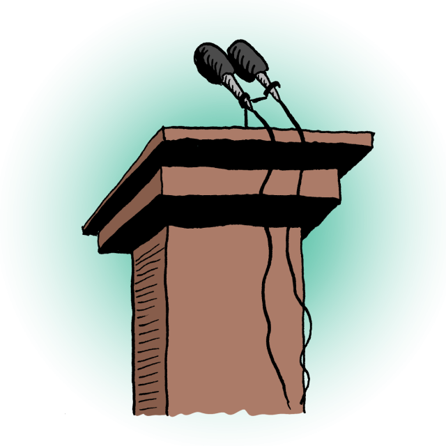 Illustration of an empty wooden podium with two microphones on top, set against a plain teal election dashboard.