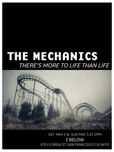 Poster for "the mechanics" play, featuring a roller coaster silhouette in a foggy, desolate landscape, with event details at the bottom.