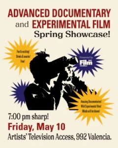 Poster for an event titled "advanced documentary and experimental film showcase", featuring a silhouette of a person with a camera, event details, and starburst designs in blue and orange.