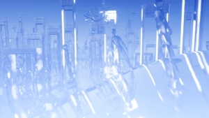 A blue-toned artistic overlay of crowded urban life with silhouettes of pedestrians and city architecture, creating a busy, abstract composition.