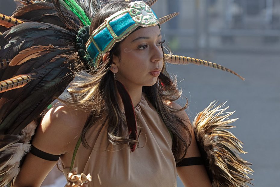 A person wearing a feathered headdress and decorative attire participates in a ceremonial or cultural event.