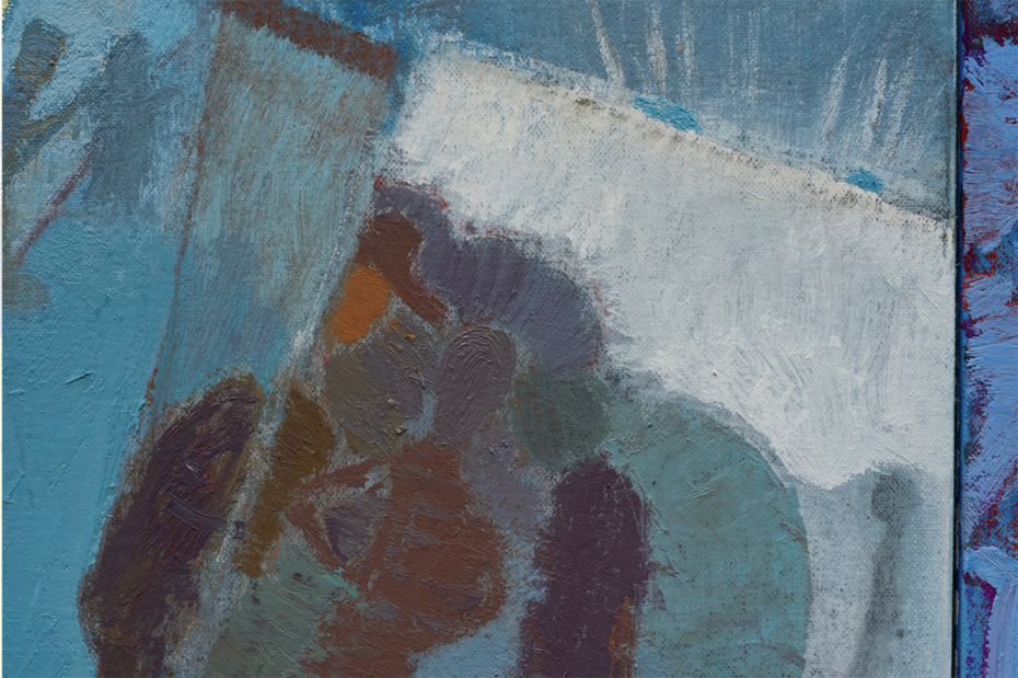 A textured abstract painting featuring a mix of blue, white, brown, and gray hues, with brushstrokes suggesting a blend of figures and forms.