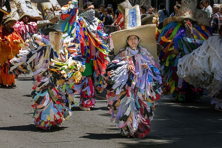 People in brightly colored costumes made of fabric strips participate in a festive parade.