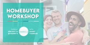Banner for a "homebuyer workshop" featuring a joyful group of three adults and event details, set over a soft, blurred background.