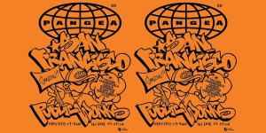 Orange flyer for an event at Public Works in San Francisco by Pangea on November 18, 2022. The design features graffiti-style text and doodles.