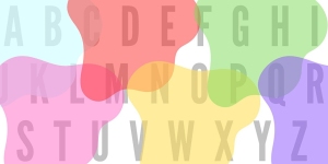 Alphabet letters A to Z in uppercase are overlaid atop colorful, abstract blobs in varying pastel shades.
