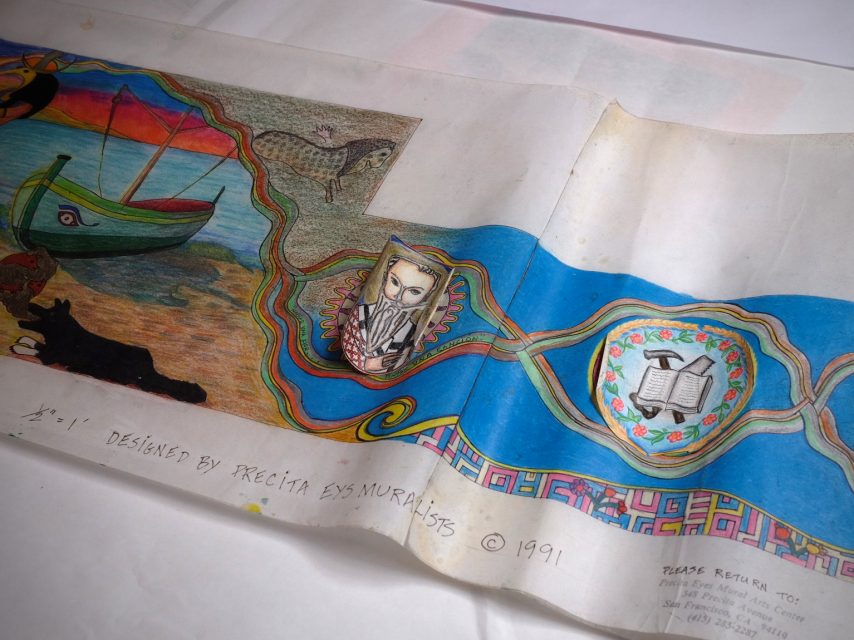 A colorful, detailed mural design on paper by precita eyes muralists, dated 1991, featuring vibrant landscapes and symbolic elements.