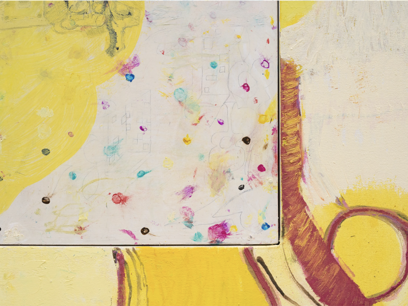 Abstract painting featuring a mix of yellow hues with red, blue, and purple splatters. The image includes a rectangular section with colorful dabs against a mostly yellow background.