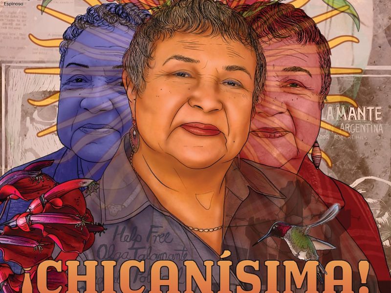 Illustrated collage featuring a smiling elderly woman with artistic elements like flowers, crayfish, a bird, and overlaying vibrant text "chicanísima!".
