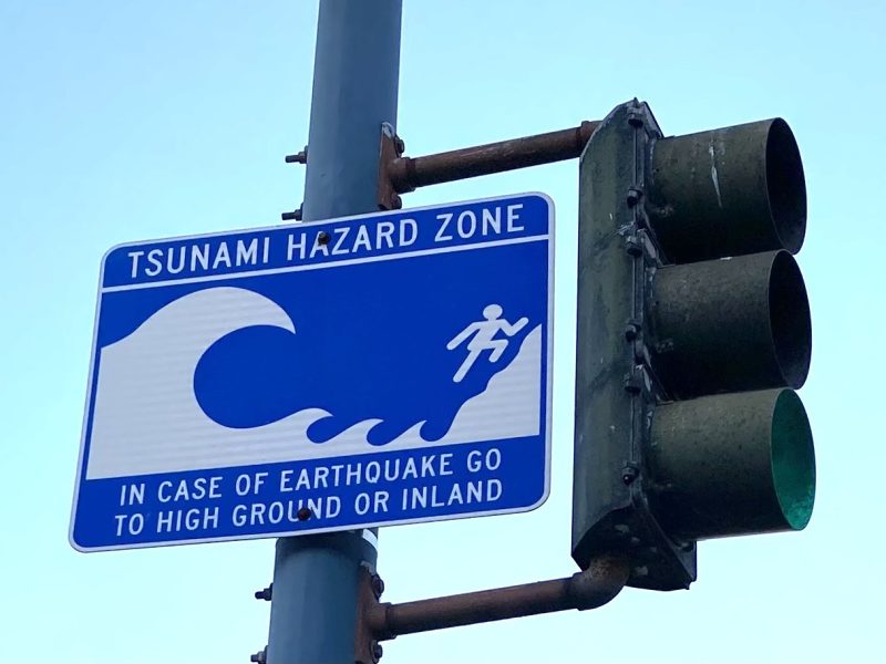 A blue and white sign on a pole indicating a Tsunami Hazard Zone, advises to go to high ground or inland in case of an earthquake. A traffic light is visible beside the sign.