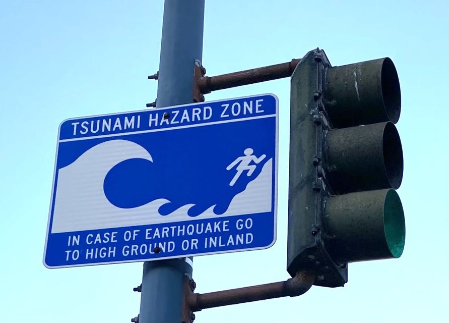 A blue and white sign on a pole indicating a Tsunami Hazard Zone, advises to go to high ground or inland in case of an earthquake. A traffic light is visible beside the sign.