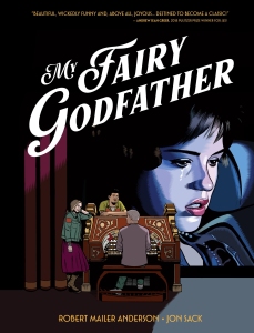 Book cover of "My Fairy Godfather" showing a large illustration of a pensive woman in the background and three people at an old-fashioned typewriter in the foreground.