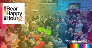 A crowded bar scene with numerous people socializing. The image features a "Bear Happy Hour SF" logo and a "pride edition" label, indicating an LGBTQ+ themed event. String lights hang overhead.