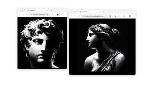 Two browser windows display images of classical sculptures. The left window shows a male figure with curly hair, and the right window shows a female figure with braided hair.