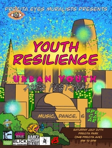Poster for "Youth Resilience Urban Youth Arts Festival" at Precita Park, featuring music, dance, and spray can art on Saturday, July 29th, from 1 PM to 5 PM. Presented by Precita Eyes Muralists.