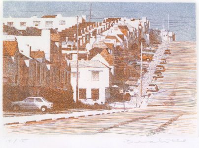 A drawing depicts a steep urban street lined with tightly packed row houses and parked cars, disappearing into the distance under a blue sky, reminiscent of districts that harbor hidden museums.