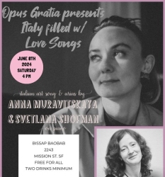 Black-and-white poster for a musical event titled "Italy filled w/ Love Songs," featuring Anna Muravitskaya and Svetlana Shofman on June 8th, 2024, at Bissap Baobab, 2243 Mission St, SF.